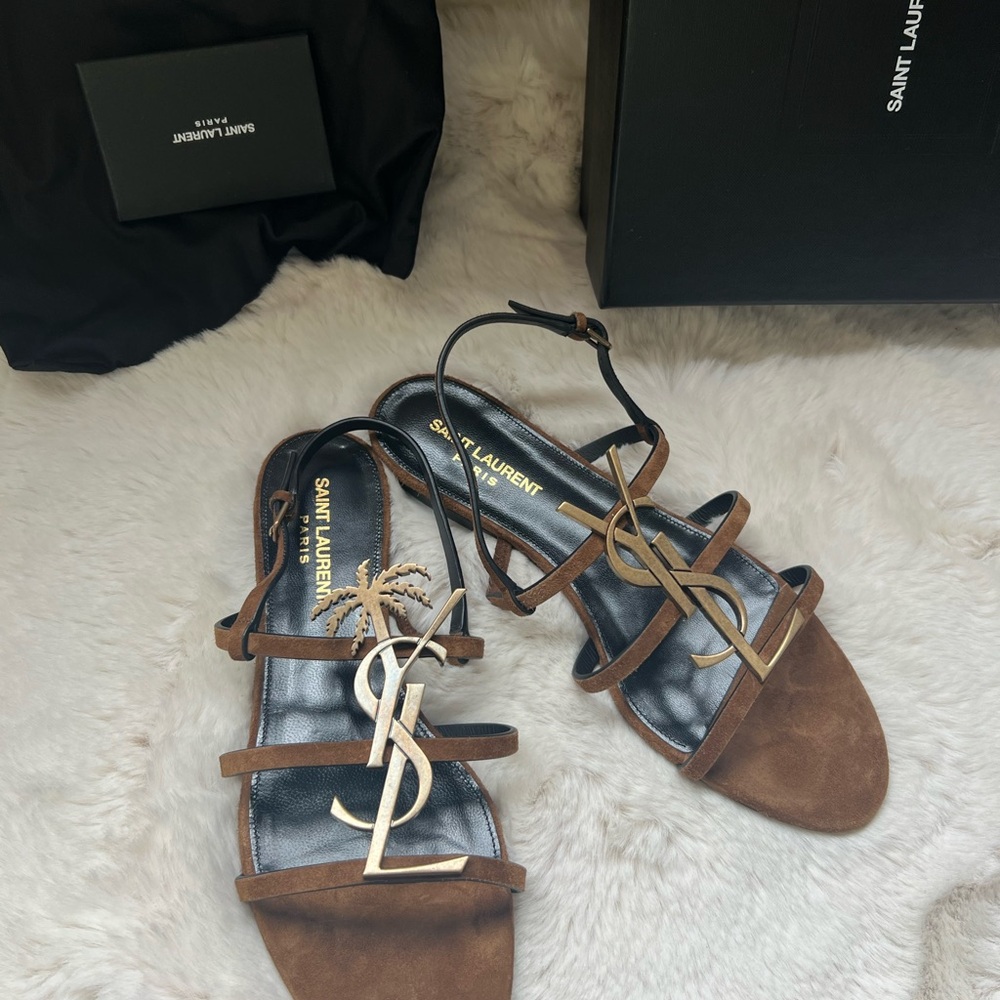 New Saint Laurent Cassandra Suede YSL logo Palm tree Sandals Brown Sandals - Picture 5 of 13
